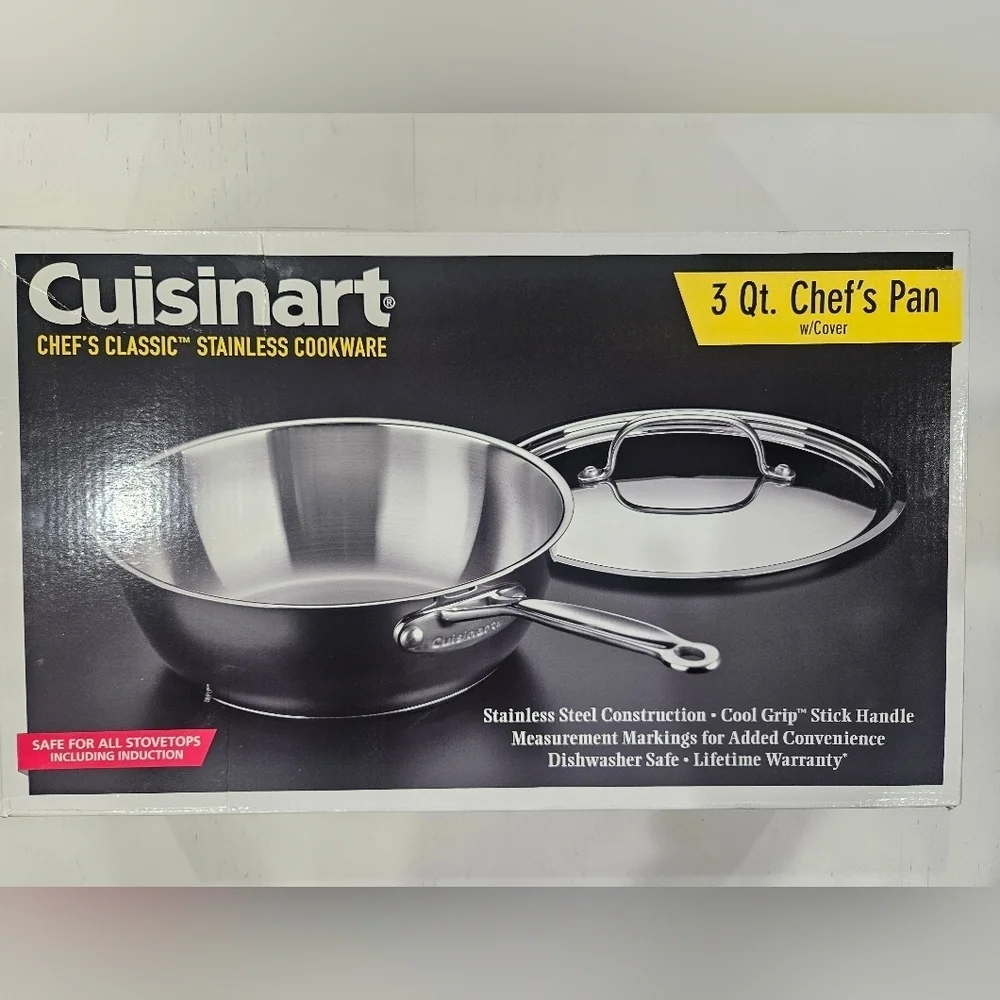 Cuisinart 3 Qt Chefs Pan w/ Lid. Stainless Cookware Cool Grip w/ Measurements